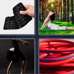 4 fotos 1 palabra 8 letras teclado de goma, mujer haciendo yoga en un bosque, estiramientos, cables rojos